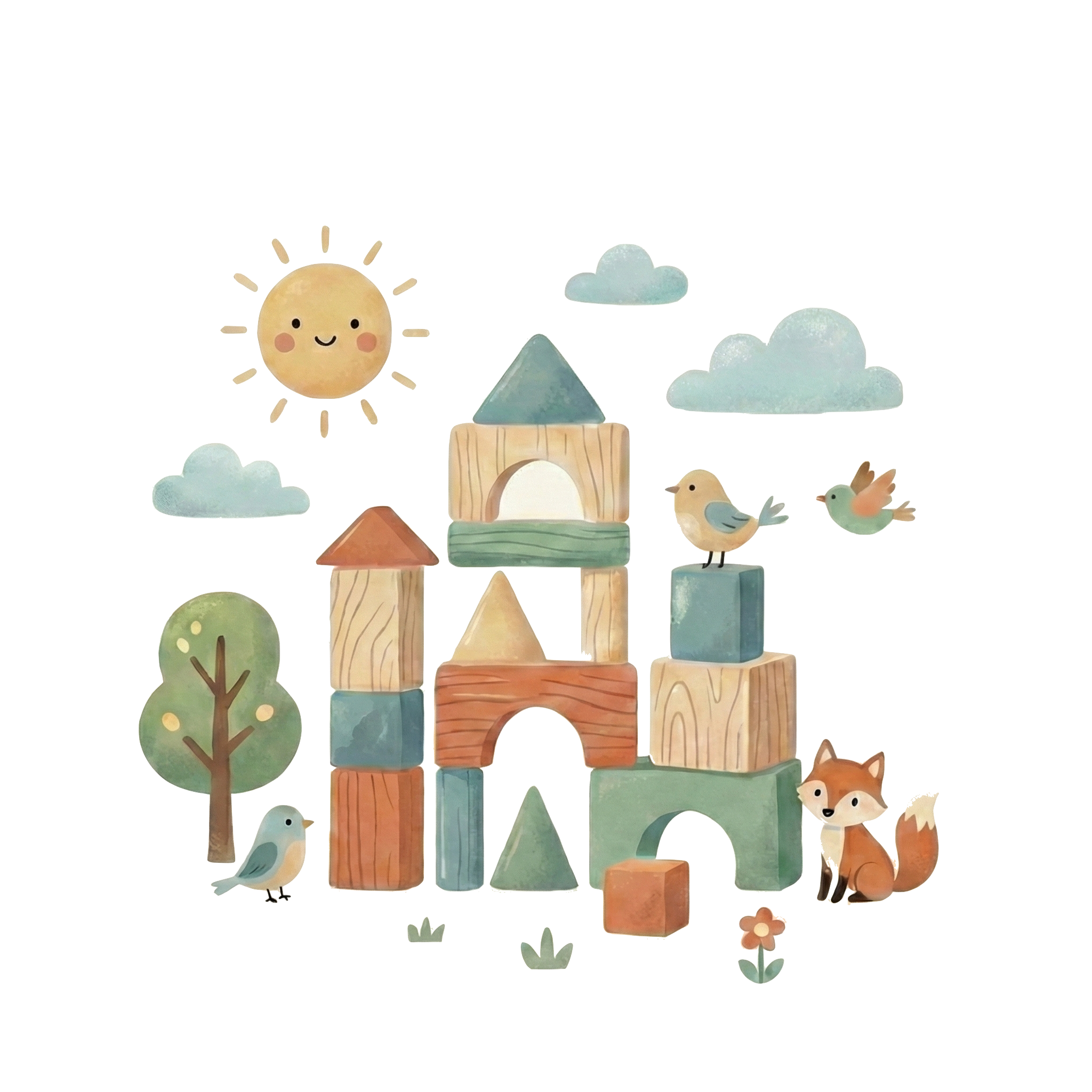 Wooden blocks, sun, trees, birds and fox illustration